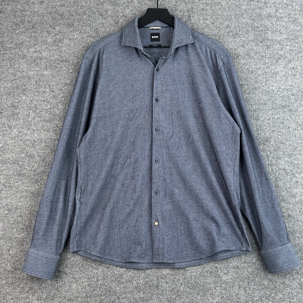 Boss Hugo Button Up Shirt Mens L 41 Navy Geometric Casual Stretch Long Sleeve